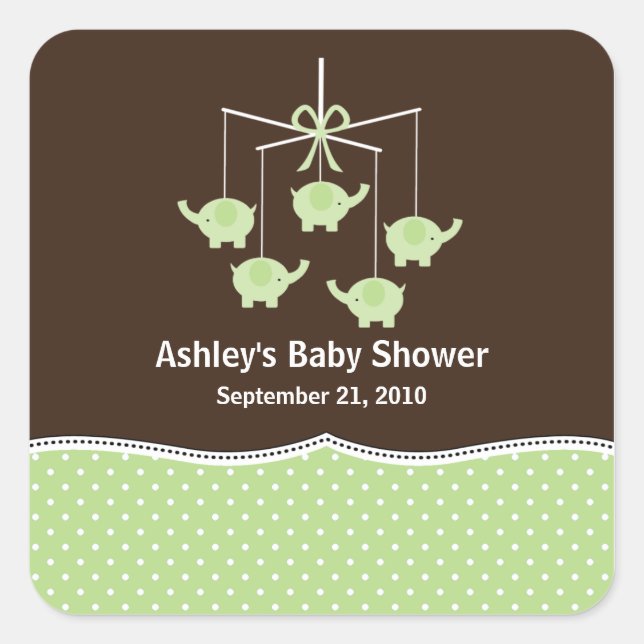 Green & Brown Elephant Mobile Baby Shower Square Sticker (Front)