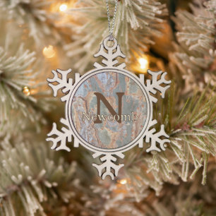 Green Brown Family Name Nature Monogram Initial Snowflake Pewter Christmas Ornament