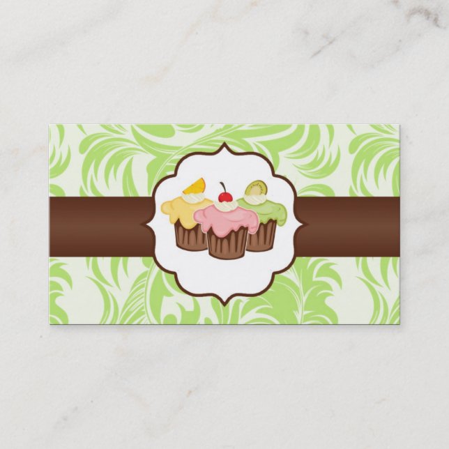 Green & Brown Floral Cup Cake Bakery Business Card (Front)