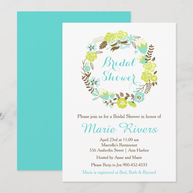 Green & Brown Floral Wreath Bridal Shower Invitation (Front/Back)