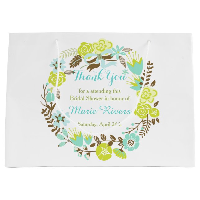 Green & Brown Floral Wreath Bridal Shower Large Gift Bag (Front)