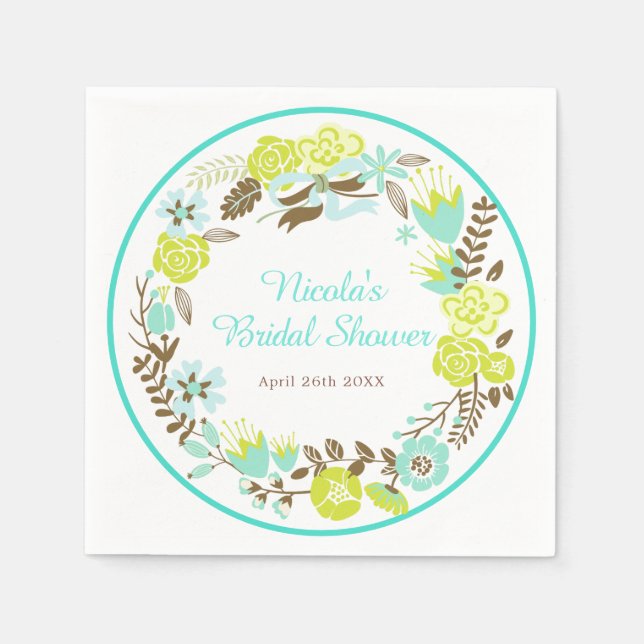 Green & Brown Floral Wreath Bridal Shower Napkin (Front)