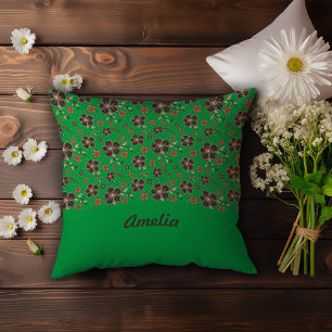 Green Brown Flowers Cottagecore Decor name Cushion