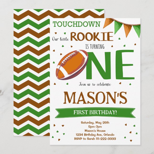 Green Brown Football 1st Birthday Invitation (Front/Back)