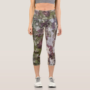 Green brown grey camouflage wood bark camo capri leggings