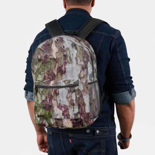 Green brown grey camouflage wood bark camo printed backpack (Insitu (Model))