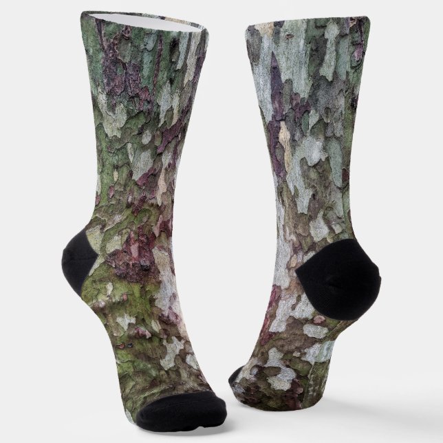 Green brown grey camouflage wood bark camo socks (Angled)