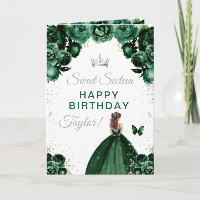 Green Brown Hair Girl Sweet Sixteen Birthday Card (Front)