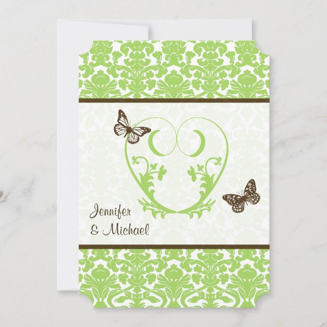 Green, Brown Heart, Butterflies Wedding Invitation (Front)