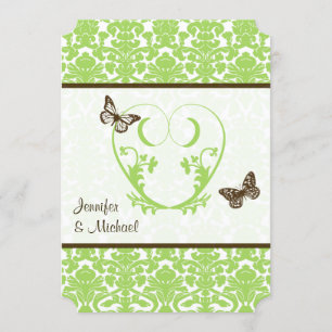 Green, Brown Heart, Butterflies Wedding Invitation