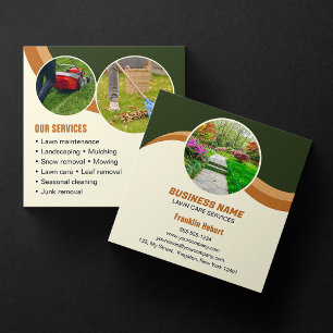 Green Brown Lawn Care Landscaping Mowing 3 Photo Square Business Card