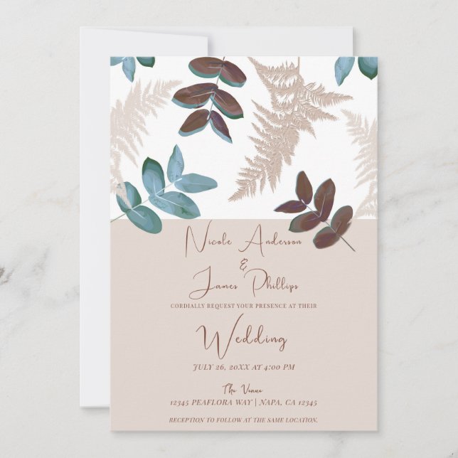 Green & Brown Leaves Cream Ecru Wedding Invitation (Front)
