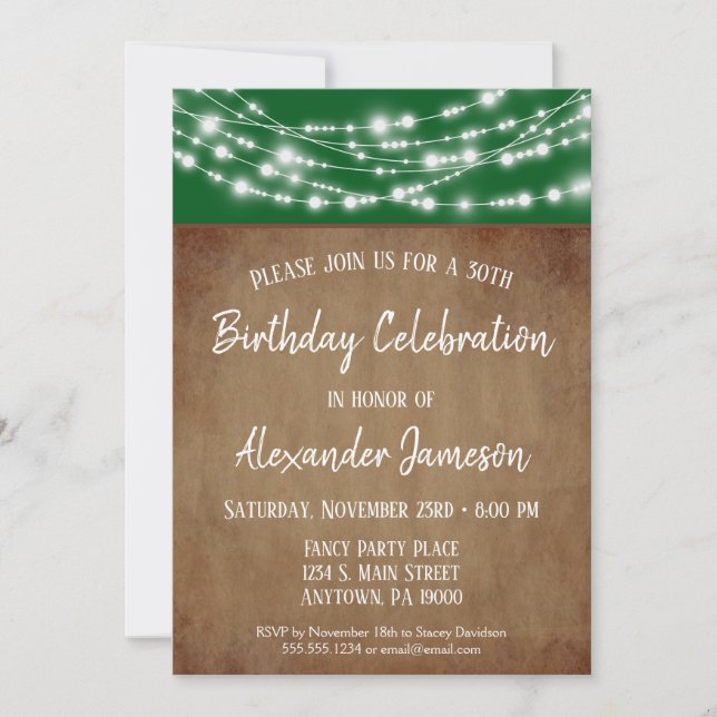 Green Brown Lights Birthday Party Invitation Adult (Front)