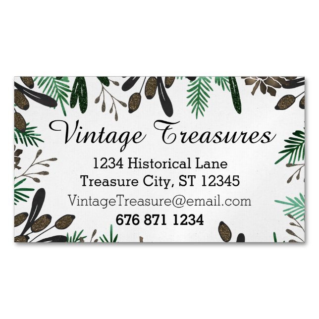 Green Brown Mint Colour Pine Cones Ferns Pattern Magnetic Business Card (Front)