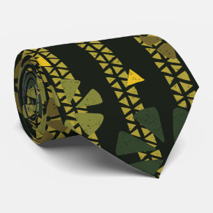 Green, Brown, Mustard Ethnic Print Striped Tie
