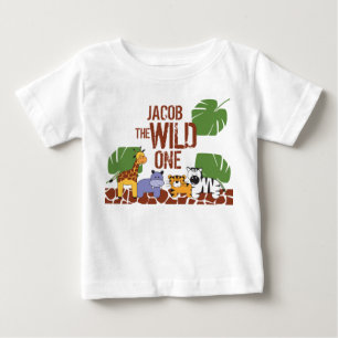 Green Brown Name Safari WILD ONE 1st Birthday Baby T-Shirt
