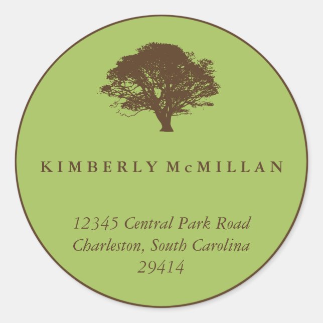Green brown oak tree circle custom address label (Front)