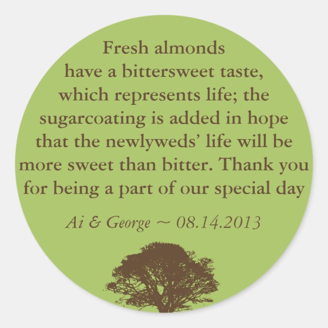 Green brown oak tree wedding quote favour label (Front)
