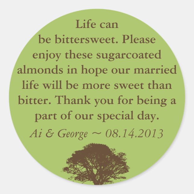 Green brown oak tree wedding quote favour label (Front)
