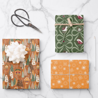Green Brown Orange Christmas Forest Village Wrapping Paper Sheet