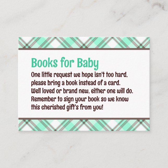 Green & Brown Plaid Baby Shower Book Request Enclosure Card (Front)