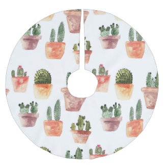 Green Brown Potted Cactus Pattern Brushed Polyester Tree Skirt