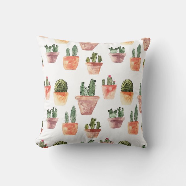 Green Brown Potted Cactus Pattern Cushion (Front)