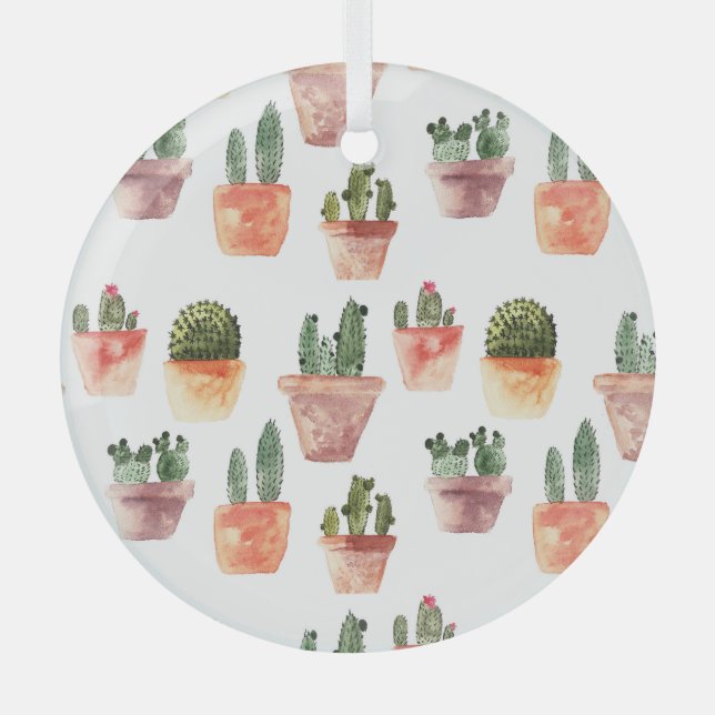 Green Brown Potted Cactus Pattern Glass Tree Decoration (Front)