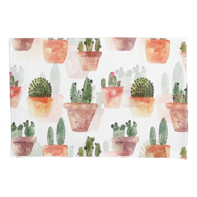 Green Brown Potted Cactus Pattern Pillowcase (Front)