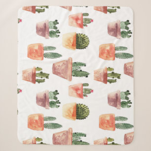 Green Brown Potted Cactus Pattern Sherpa Blanket
