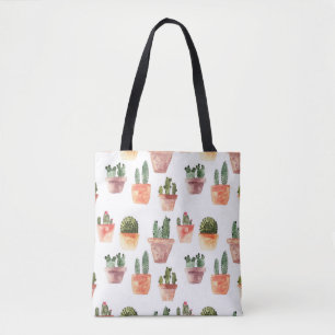 Green Brown Potted Cactus Pattern Tote Bag
