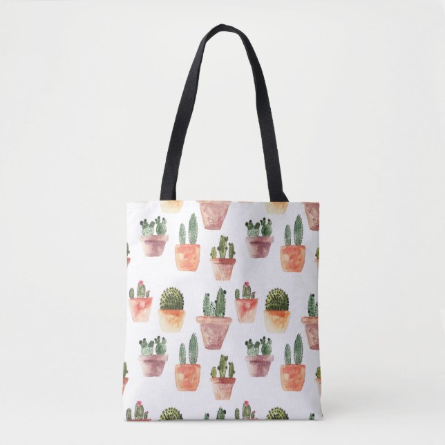 Green Brown Potted Cactus Pattern Tote Bag (Front)