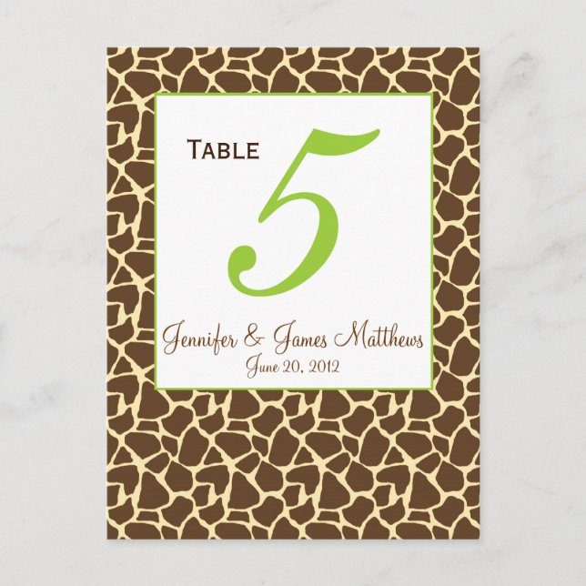 Green Brown Safari Wedding Table Number Card (Front)