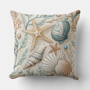 GREEN & BROWN SEASHELLS STARFISH & PLANTS CUSHION