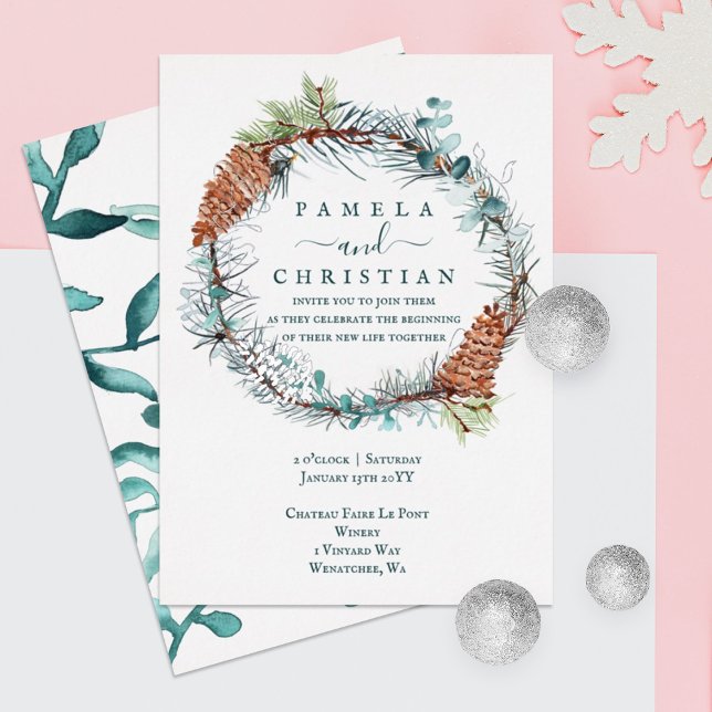 Green, Brown, Silver Pinecone Wreath, Eucalyptus  (winter green eucalyptus leaves wedding invitation with silver foil pinecone rustic brown green)
