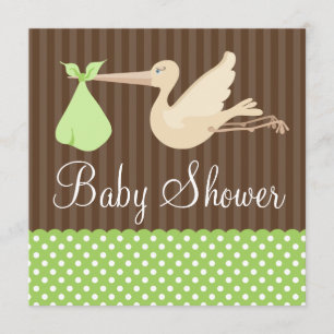 Green Brown Stork Dots Gender Neutral Baby Shower Invitation