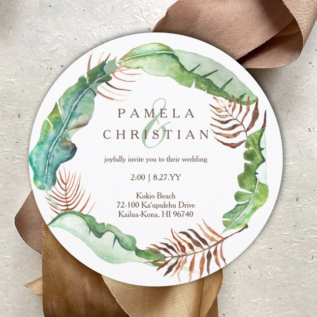 Green, Brown Tropical Banana Leaves, Wedding Invit Invitation (Lush Tropical Banana Leaves Wedding Invitation, Round Tropical Leaves Wreath)