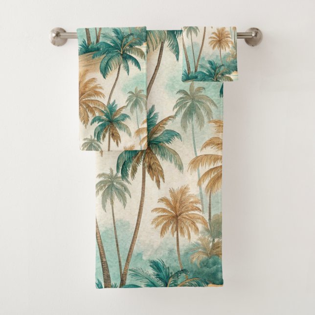 GREEN & BROWN TROPICAL BEACH WITH PALM TREES BATH TOWEL SET (Insitu)