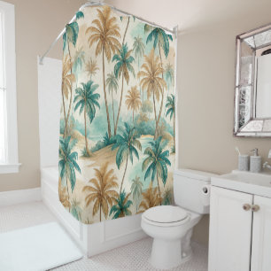 GREEN & BROWN TROPICAL BEACH WITH PALM TREES SHOWER CURTAIN