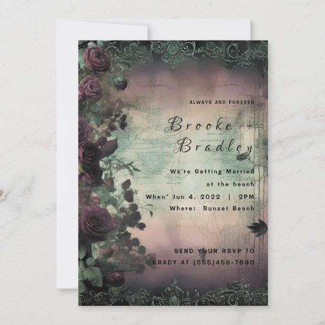 Green & Brown Vintage Rose Wedding Invitation (Front)