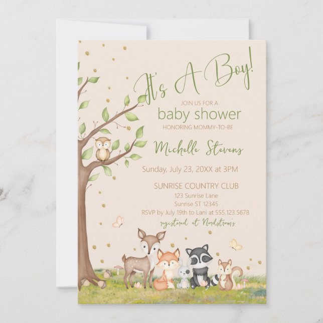 Green Brown Watercolor Woodland Animals  Invitation (Front)