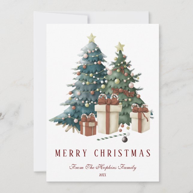 Green & Brown Watercolour Christmas Tree Holiday Card (Front)