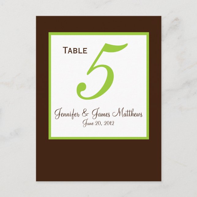 Green Brown Wedding Table Number Card (Front)