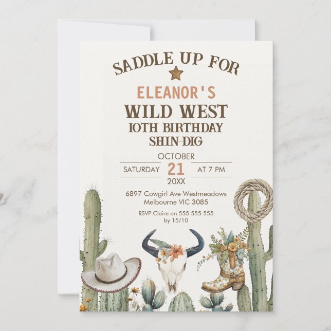 Green Brown Western Boots Scull Birthday  Invitation (Front)