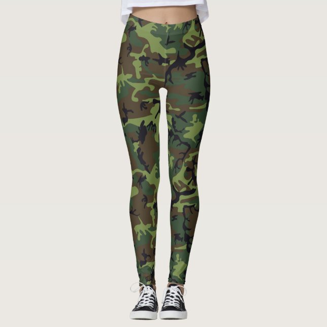 Green Brown Woodland Camouflage Pattern Camo your Leggings (Front)