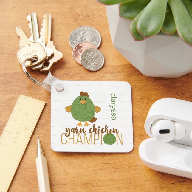 Green & Brown Yarn Chicken Champion Keychain (Desk)