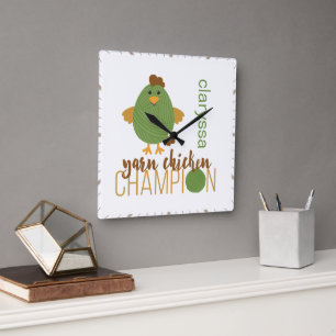 Green & Brown Yarn Chicken Champion Square Wall Clock