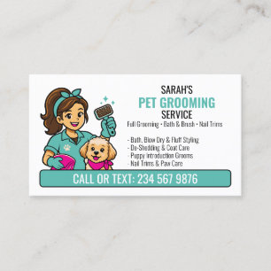 Green Brush Puppy Groomer Girl QR Grooming Business Card