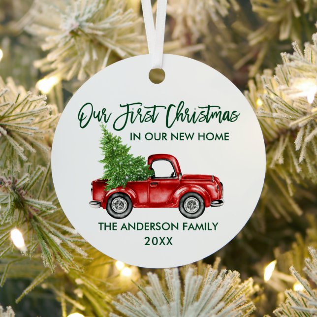 Green Brush Script Christmas New Home Truck Round Metal Tree Decoration (Insitu)