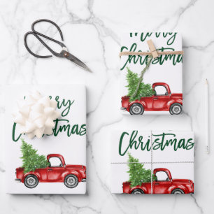 Green Brush Script Christmas Red Truck Wrapping Paper Sheet